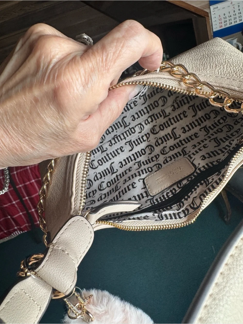 Juicy Couture Hey Queen Hobo Bag Sandstone Gold Chain Purse wristlet
